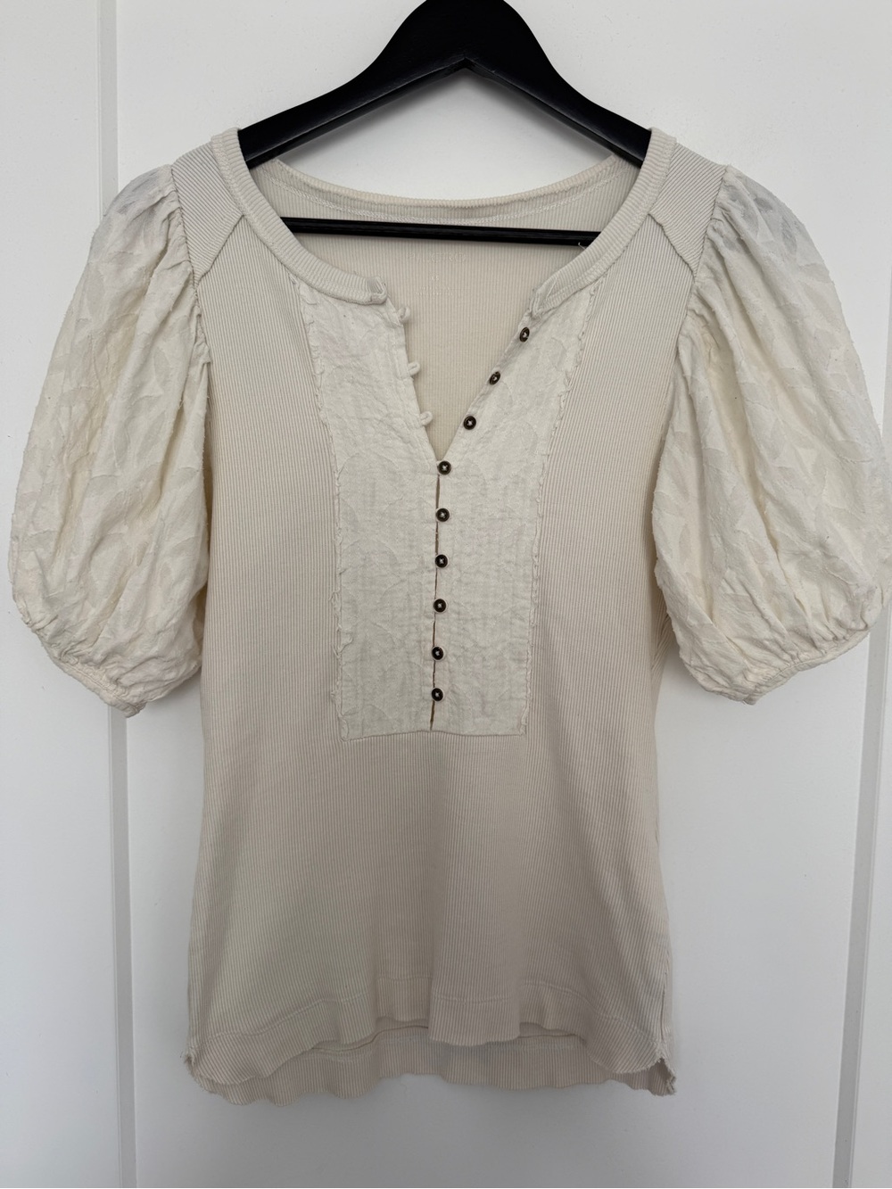 Anthropologie Pilcro Bella Puff-Sleeve Ribbed Button Henley Top - XS
